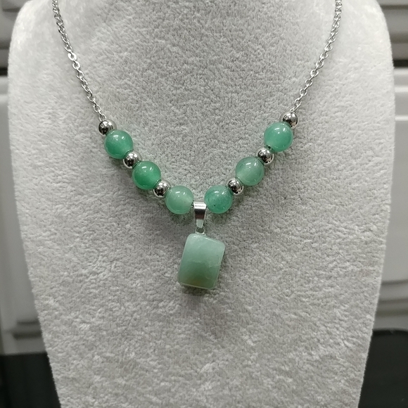 Green Aventurine Necklace Natural Gemstone Pendant Stainless-Steel Chain Beaded - Picture 8 of 17